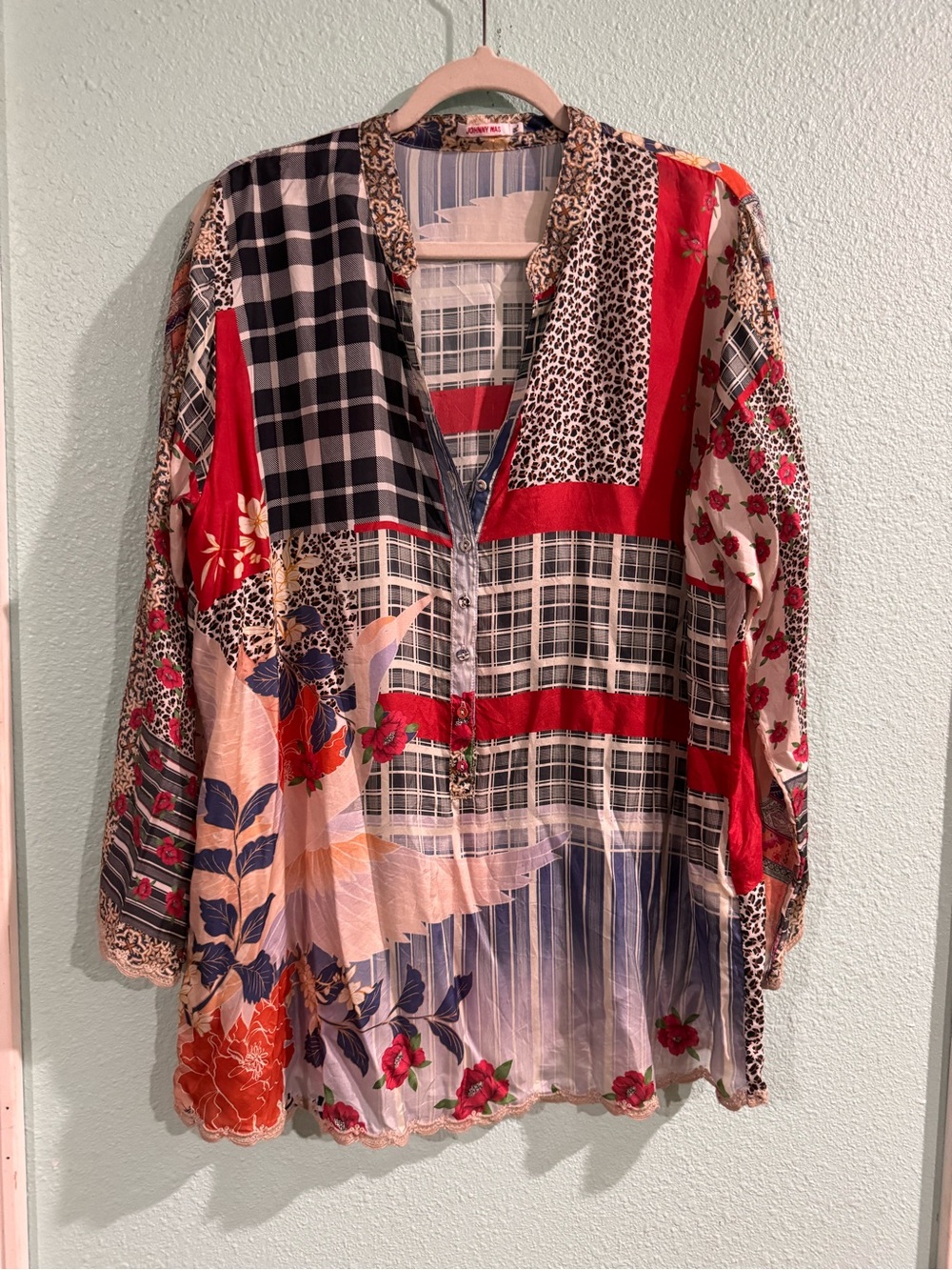 Johnny Was Ample Mixed Red Multi Patchwork Boho Blouse